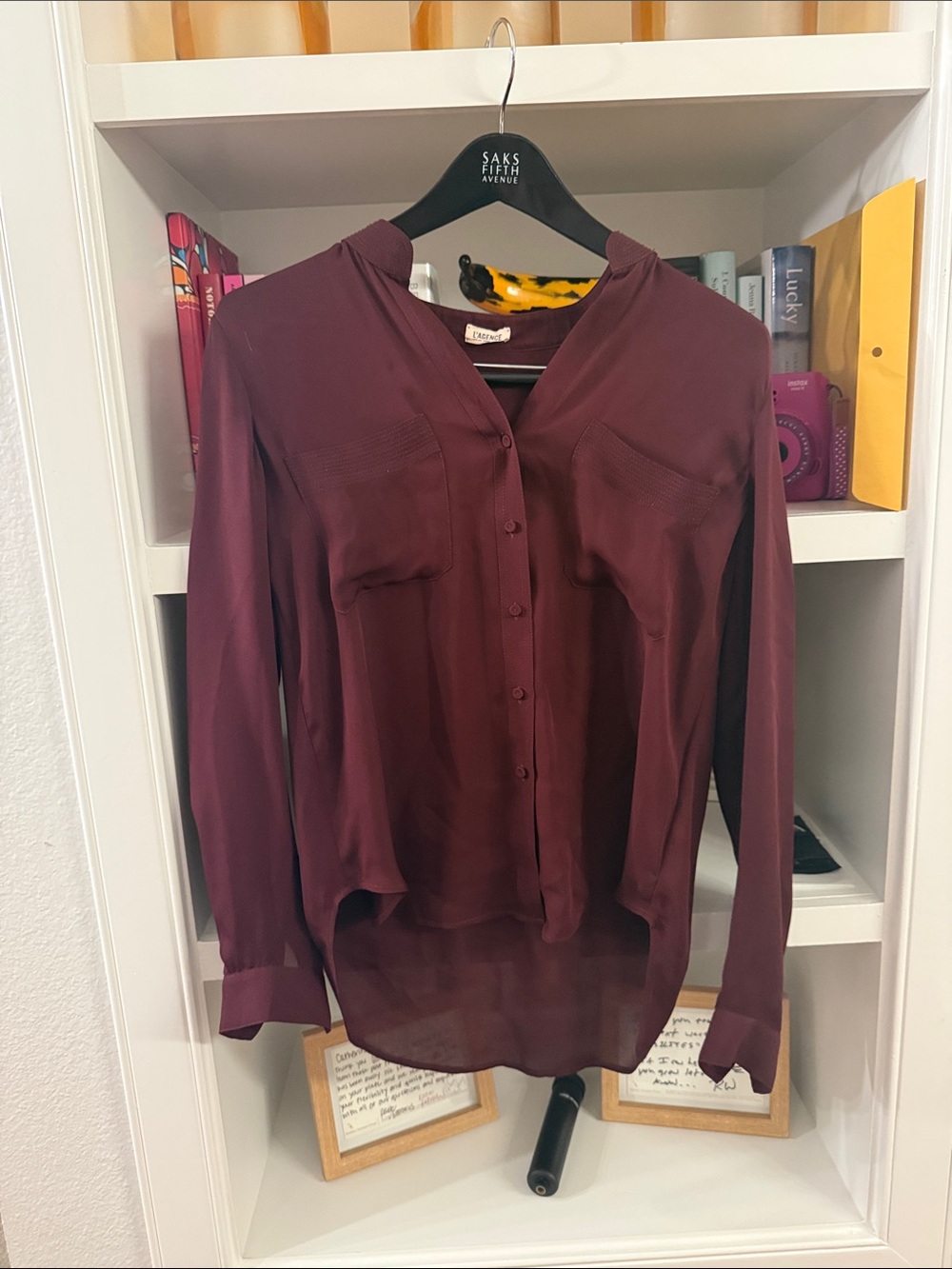 L'AGENCE Deep Burgundy Button-Front Silk Blouse